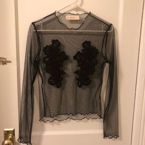 Sheer black mesh shirt with floral embroidery
